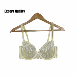 Export quality Bra ชุดชั้นใน เสื้อชั้นในซีทรูปักดอกไม้ขาวหวานๆ สีเหลืองอ่อน งานส่งออก 70D