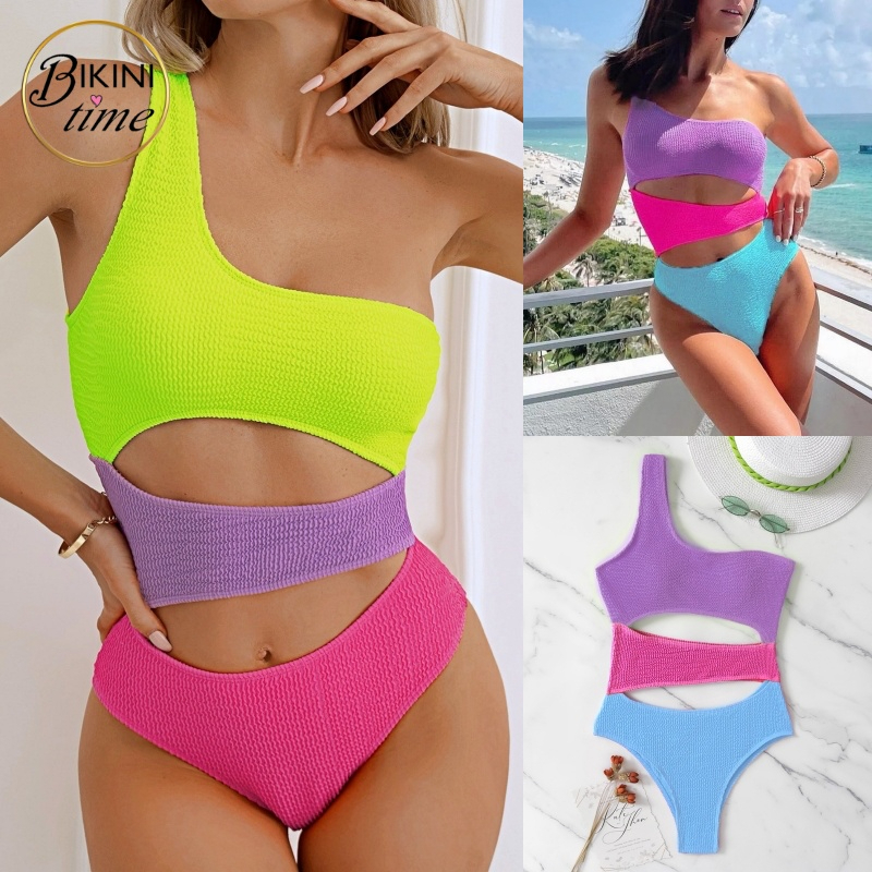 BikiniTime (S,M,L) มาใหม่ SB217 ชุดว่ายน้ำปาดไหล่วันพีซ งานผ้าร่อง 3สี อกมีฟองน้ำเสริม บิกินี่ ชุดเที่ยวทะเล
