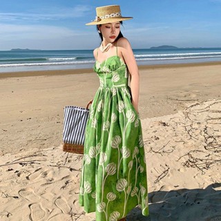 💚Mireille Green Dress เดรสสายเดี่ยวลายดอกสีเขียว ใส่ไปเที่ยว ใส่ไปทะเล ใส่ไปคาเฟ่ สุดปัง‼️