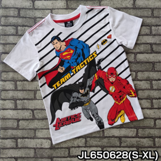 เสื้อเด็กผู้ชาย Justice League  (JL650628) เนื้อผ้าคอตตอนสีขาว S-M-L-XL พร้อมส่ง