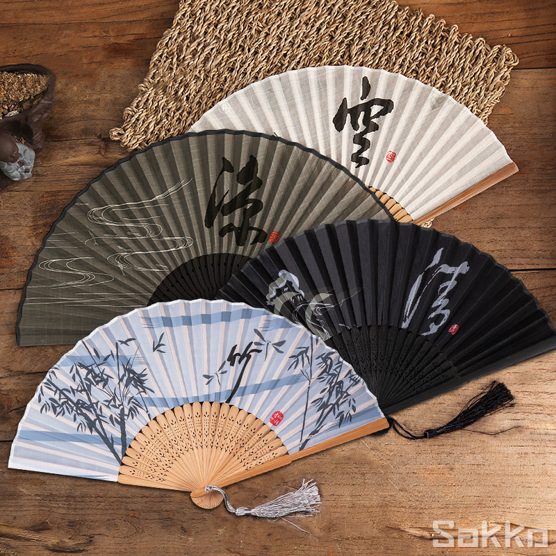พัด ด้ามไม้ไผ่เนื้อผ้า พัดญี่ปุ่น 8นิ้วขนาดเล็กกะทัดรัดดี พัดพับได้พกพาง่าย พัดจีนมีพู่ห้อยหลายสี