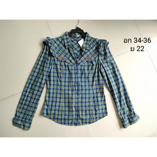 เสื้อเชิ้ตแขนยาว ลายสก๊อตสีฟ้าน้ำทะเล  สวยน่ารัก แขนตั้งสไตล์เกาหลี Brand ญี่ปุ่น size S-M