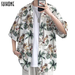 Suikone เสื้อเชิ้ตแขนสั้นลําลอง ทรงหลวม ลายดอกไม้ เหมาะกับเดินชายหาด แฟชั่นฤดูร้อน สไตล์ฮาวาย สําหรับผู้ชาย 2023