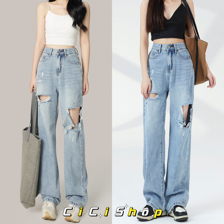 SALE 8.8 Cicishop(831/832)กางเกงยีนส์ขายาว เอวสูง แต่งขาดกว้างปลายเย็บ ทรงสวยจะแต่งแนวไหนก็ชิคน้า