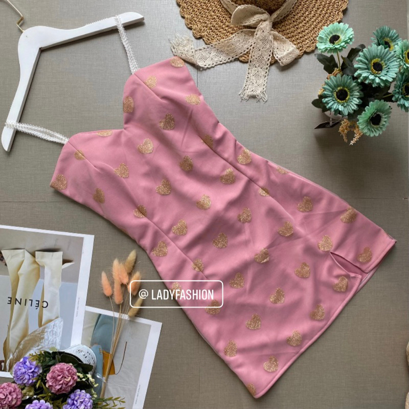 เดรสสายเดี่ยวสายมุกพิมพ์ลายหัวใจ เก็บทรงสวย มีซับทั้งตัว งานซิปไม่ใช่เอวสม็อค