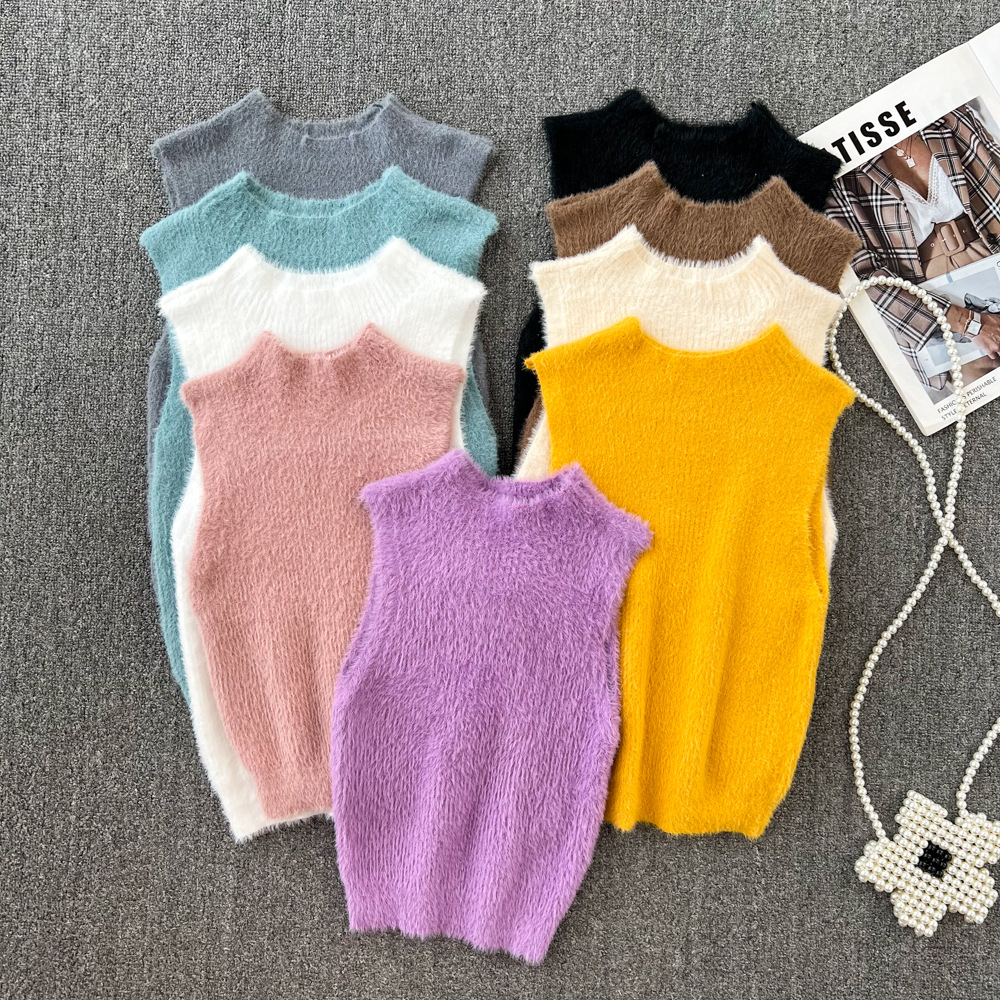 แฟชั่นผู้หญิงสีพื้น สไตล์เกาหลีคอเต่า แขนกุดผ้ายืด ใส่สบาย