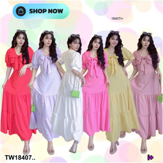 👗Pfashion [ส่งไวมาก🚛] P18407 เดรสยาว แขนตุีกตาผูกโบว์อก สีพื้นชายระบาย ..