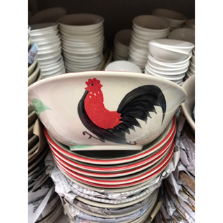 chicken patterned bowl ขนาด 7 นิ้ว ชามกระเบื้องลายไก่ คละสี ขอบแดง บรรจุ 6 ใบ