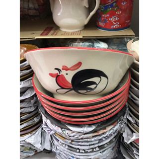 chicken patterned bowl ขนาด 8 นิ้ว ชามกระเบื้องลายไก่ คละสี ขอบแดง บรรจุ 6 ใบ