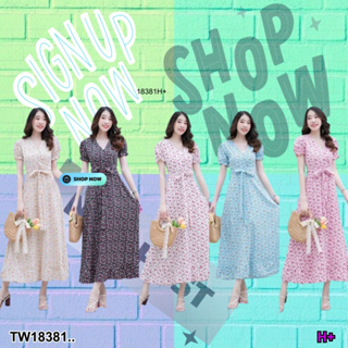 TwinsShopVip💗พร้อมส่ง TW18381 แม็กซี่เดรสแขนตุ๊กตา พิมพ์ลายดอกไม้ ..