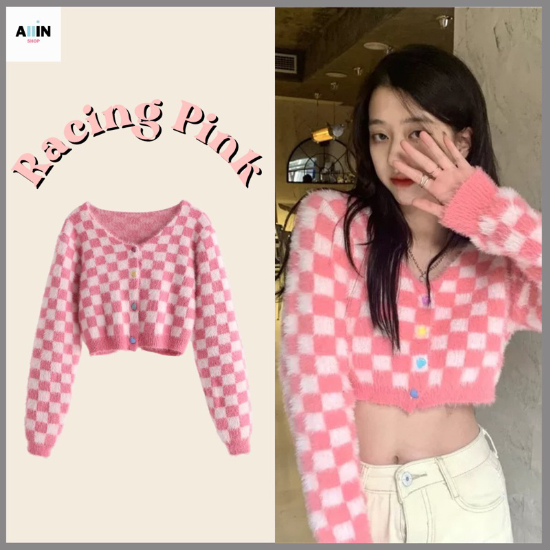 พร้อมส่ง Racing Pink เสื้อกันหนาว ไหมพรม ลายตาราง สีชมพู