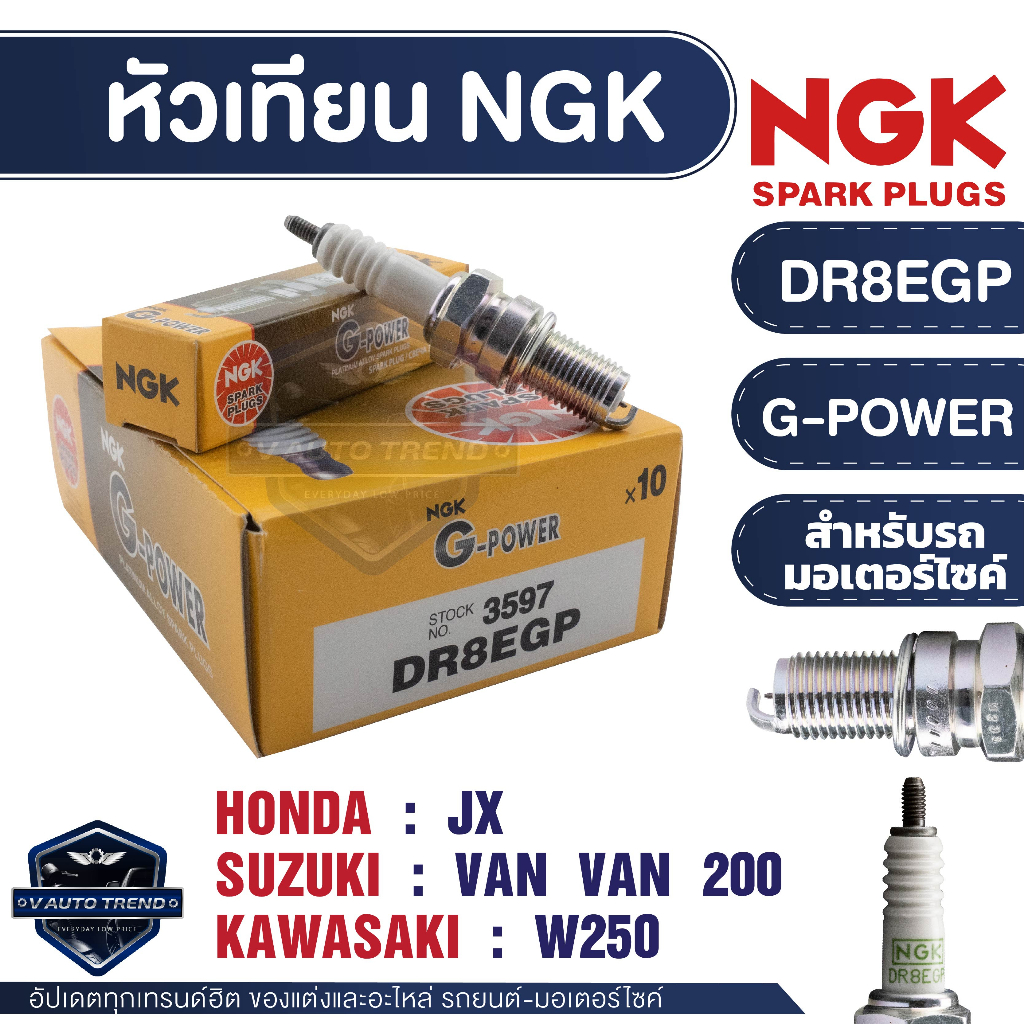 NGK หัวเทียน G-POWER รุ่น DR8EGP (3597) Honda JX/Suzuki VAN VAN 200/Kawasaki W250 หัวเทียน NGK เกรด PLATINUM