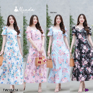 J18414 แม็กซี่เดรสยาว แต่งระบายชั้น พิมพ์ลายดอกไม้ Long maxi dress with ruffles, floral print