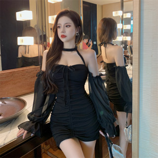 พร้อมส่ง เดรสสั้น มินิเดรสปาดไหล่ แขนยาวชีฟอง น่ารักมาก ดีเทลเชื่อกมัดคอ
