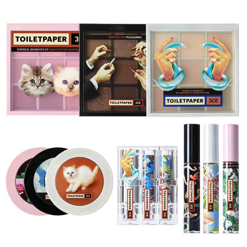 3CE Toiletpaper (Face Blush Fig Dive, Let Me Stay, Makeup Fix Powder Soft Medium, Multi Eye Color Palette Auto Focus)