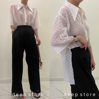 See-Through Lace Top เสื้อเชิ้ต แขนสั้น คอปก กระดุมหน้า ดีไซน์ตัดเย็บด้วยผ้าลูกไม้โปร่งทั้งตัว