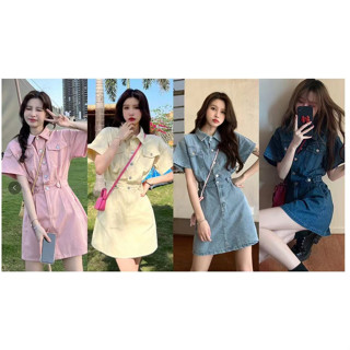 💛พร้อมส่ง💗Mini dress เดรสแขนสั้นคอปกกระดุมผ่ากลาง ดีเทลกระเป๋าตรงอกสไตล์โคเรียSK5486