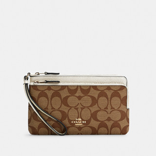 Coach C5576 Double Zip Wallet In Signature Canvas (IMDJ8) กระเป๋าคล้องมือ สี Khaki/Chalk