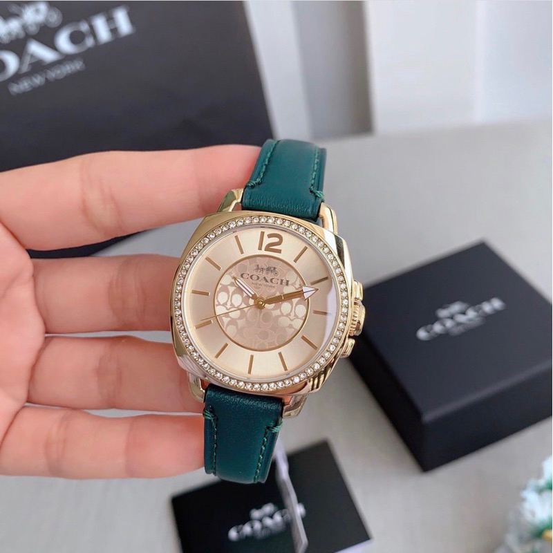 🎀(สด-ผ่อน) นาฬิกาสีทอง สายเขียว 34 มิล 14503982 COACH BOYFRIEND WOMEN'S GREEN LEATHER STRAP GOLD WAT