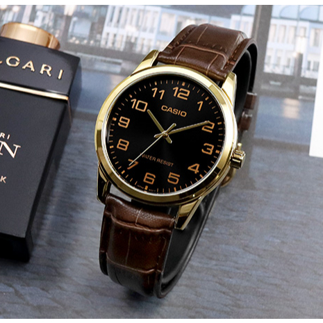 นาฬิกา Casio รุ่น MTP-V001GL-1B นาฬิกาข้อมือผู้ชาย สายหนังสีน้ำตาล หน้าปัดดำ สวยหรู - แท้ 100% ประกันสินค้า 1 ปี