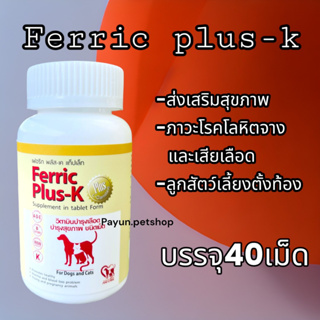 Ferric Plus-k เฟอริก พลัส (กระปุก 40 เม็ด) บำรุงเลือด แม่พันธุ์ บำรุงสัตว์ท้อง ให้นมลูก สุนัข-แมว
