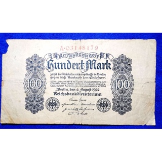 แบงก์​เก่า​อายุ​100​ปี​เยอรมัน​ Germany, 100 Mark, B464T, (ยุค​ Weimar Republic), ใช้แล้ว