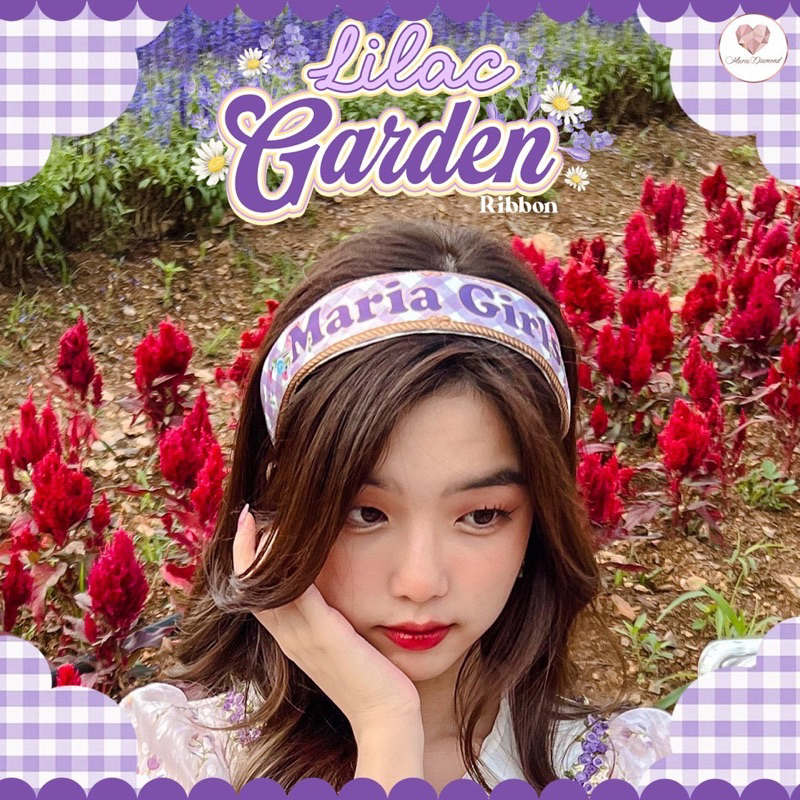 Lilac Garden Headband ที่คาดผมลายสก็อตม่วงพาสเทลพิมพ์ลาย ลายเฉพาะจาก Maria Diamond เอาไว้ใส่สวยๆเก๋ไ