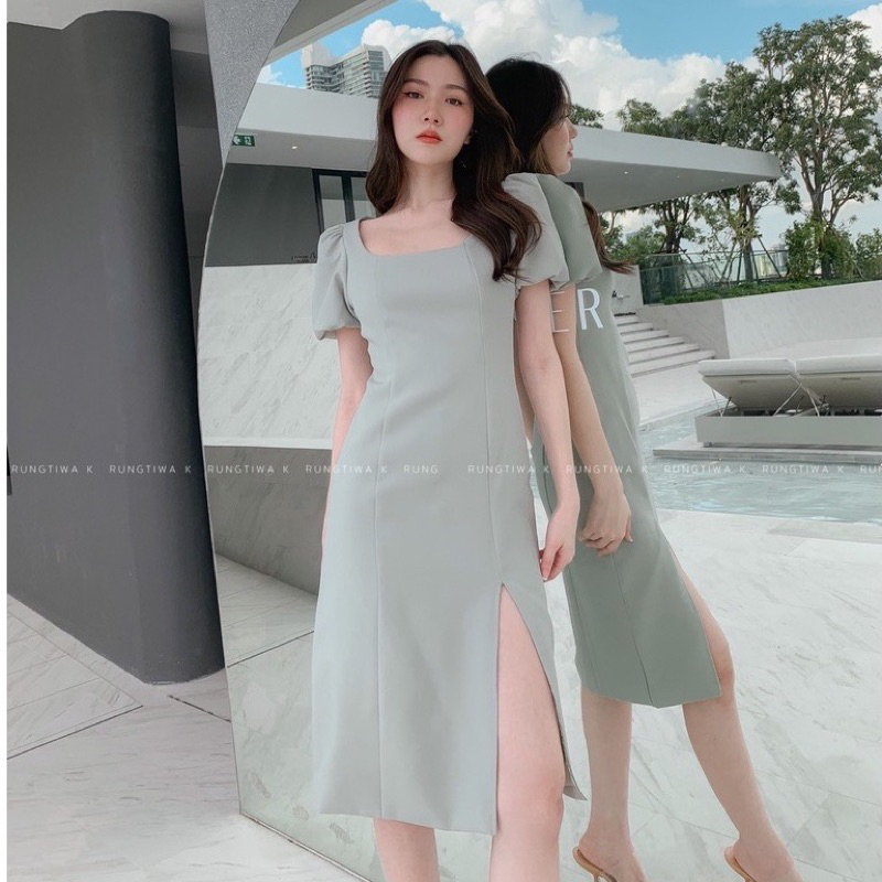 🫒 'Rivalry Dress ' -  เดรสผ่าหน้าแขนบอลลูน เดรสคอเหลี่ยม ชุดออกงาน ชุดไปงานเเต่ง เดรสทำงาน RTW