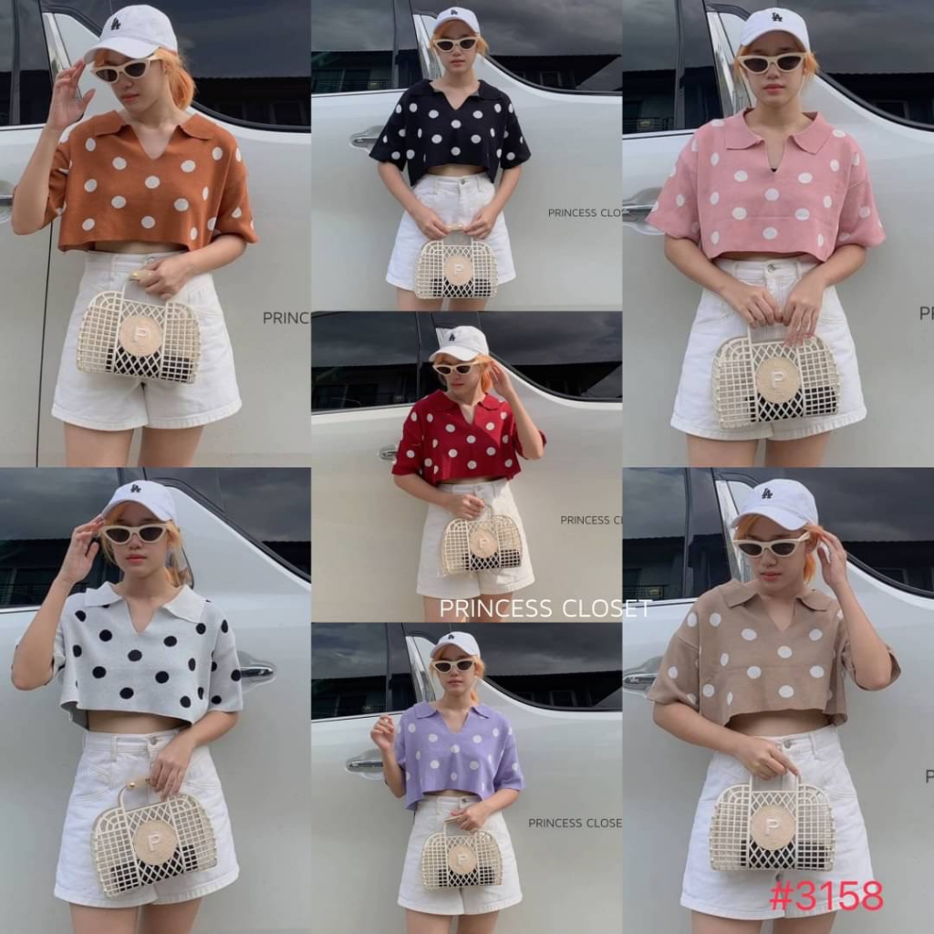 bybeyond เสื้อคอป ไหมพรม คอกลม แขนสั้น ลายจุด สไตล์เกาหลี พร้อมส่ง