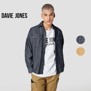 DAVIE JONES เสื้อเชิ้ตยีนส์ ผู้ชาย แขนยาว สีกรม Long Sleeve Shirt in navy SH0110NV