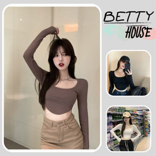 Betty House🎀 เสื้อยืดแขนยาว🧸เสื้อยืดแขนยาวผอมไม่สม่ำเสมอรอบคอสาวฮอตเสื้อครอปสีดำ ทรงสุดฮิตเบสิคแมตช์ง่าย🌟พร้อมส่ง 💥พร้อมส่งจากกทม มาถึงใน 3-5 วัน