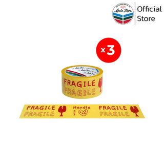 LOUIS TAPE เทปพิมพ์ "FRAGILE/Handle With Care" 2 นิ้ว x 45 หลา พื้นเหลือง พิมพ์แดง (3 ม้วน/แพ็ค)