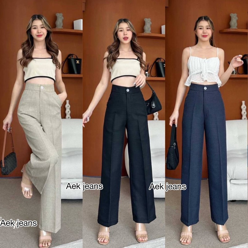 S-XXXLรุ่นใหม่ กางเกงขากระบอก ดีเทลกระดุมหน้าเอวสูงทรงสวยเนื้อผ้ามีนำ้หนักทิ้งตัวใส่สบาย