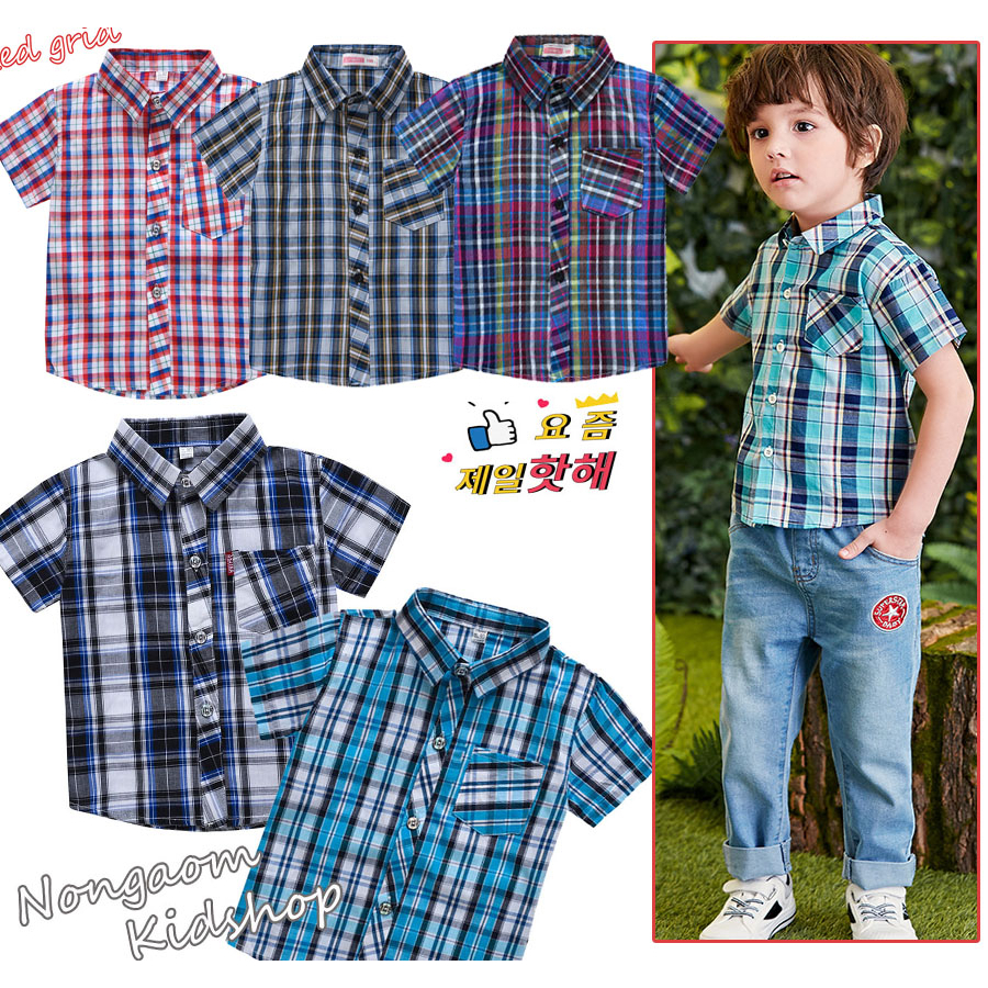 เสื้อเด็ก เสื้อเชิ้ตเด็ก เสื้อแขนสั้น ลายสก็อต มีไซร์ 100-140 (พร้อมส่งในไทย).