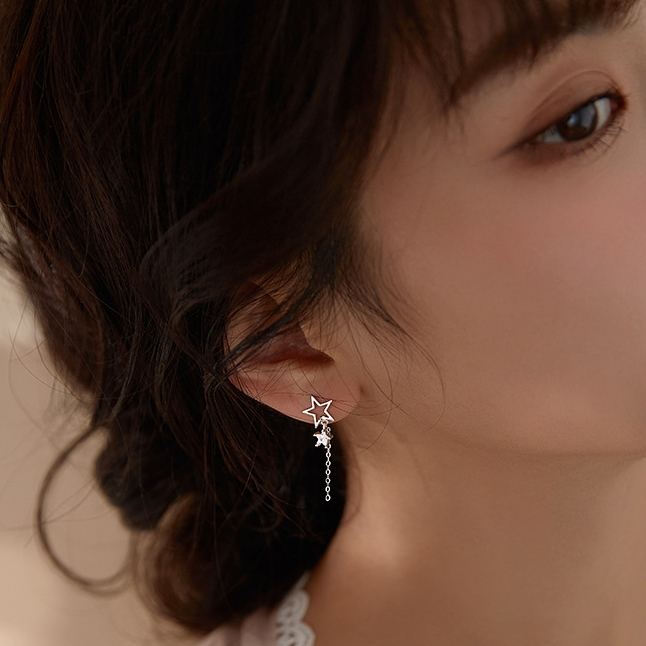 [พร้อมส่ง] ต่างหูก้านเงินS925 ต่างหูดาว เพชรCZ แต่งโซ่ยาว สีเงิน Silver925 ตุ้มหูก้านเงิน แฟชั่น มินิมอล