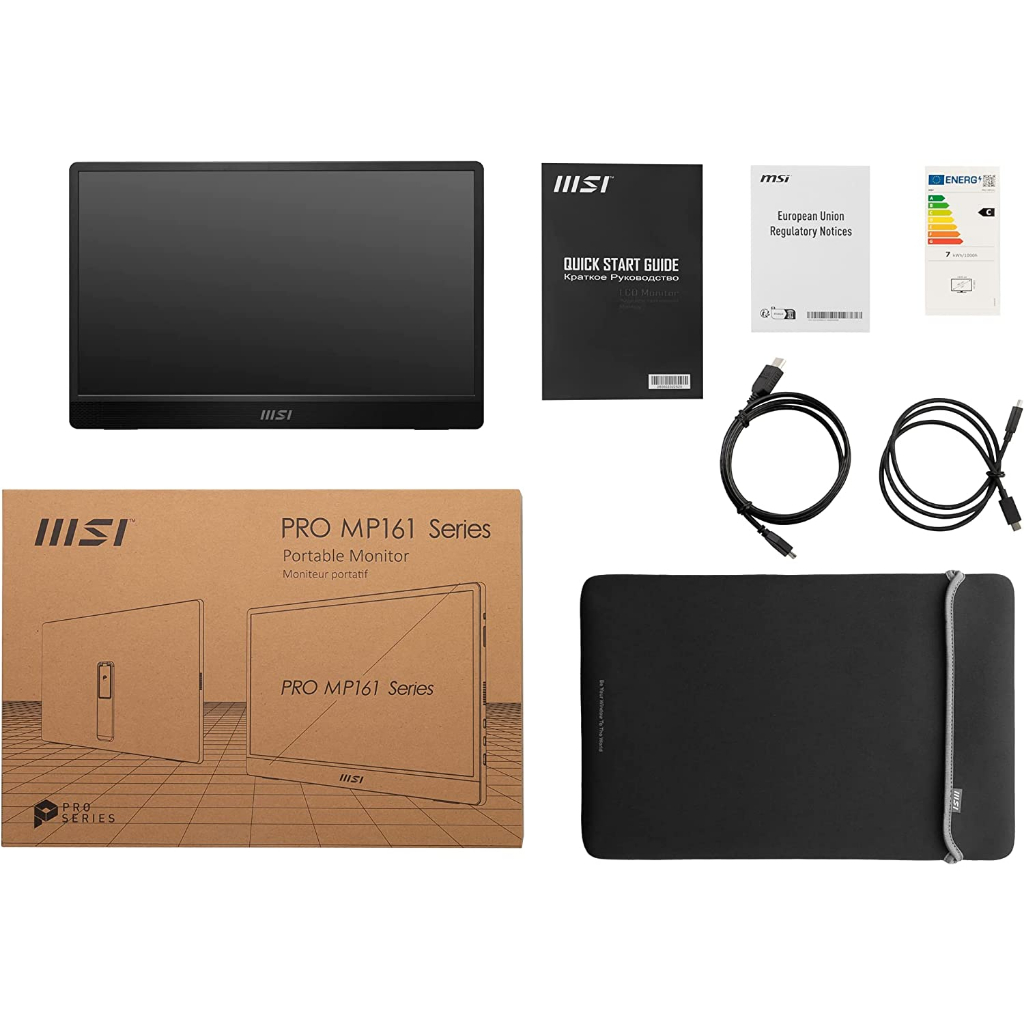 MSI PRO MP161 15.6" Portable Monitor, Adjustable kickstand, FHD (1920 x 1080), 60Hz, IPS, 2x USB-C, Mini HDMI, Speakers, Anti-Flicker, Less Blue light, Black