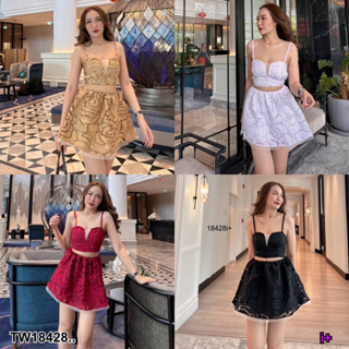 J18428 set 2 ชิ้น เสื้อครอปสายเดี่ยว + กระโปรงสั้น ปักซีทรู Set crop top, camisole + short skirt, see-through embroidery