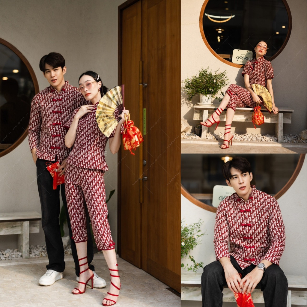 พร้อมส่ง ชุดกี่เพ้าคู่รัก Set เสื้อแขนสั้นคอจีน กางเกงขา 5 ส่วน + เสื้อกี่เพ้าผู้ชายแขนยาวกระดุมจีน 