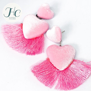 ต่างหูพู่รูปหัวใจสีชมพู ผ้ากำหยี่ น่ารักสไตล์โบฮีเมียน Hilltribe Earing