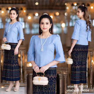 65073 เสื้อผ้าไหม คอกลม แต่งกระดุมปลายแขน เอวปล่อย ทรงสวยหรู ซิปหลัง ชุดไทยประยุกต์ เสื้อผ้าผู้หญิง ดีไซน์ by sunsmile