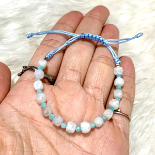 กำไลข้อมือ เชือกถัก มูนสโตน Moonstone + อมาโซไนท์ Amazonite 3mm หินแท้100% *ฟรีไซต์* (ราคาต่อเส้น)