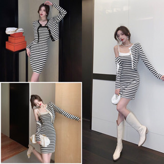 ttshop🌟พร้อมส่ง🌟 ชุดเดรสไหมพรม+เสื้อคลุมแขนยาว ลายทาง ผ้านิ่มสีพื้นใส่สบายๆ (3055+3055-1)
