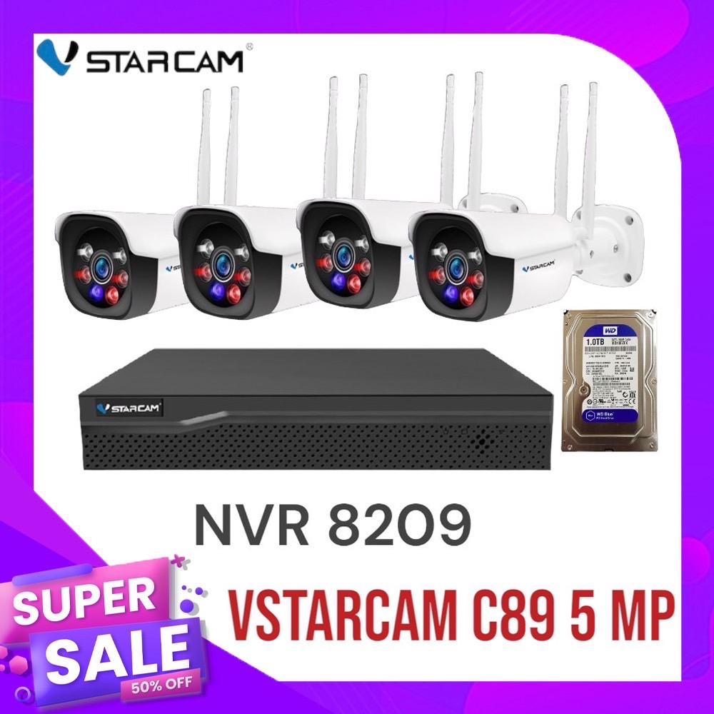 ชุดครบเซ็ท พร้อมติดตั้ง ชุดกล้อง VSTARCAM C89S Plus WIFI 5G 5ล้าน 4 ตัว พร้อมฮาร์ดดิส 1.0 TB NVR 820
