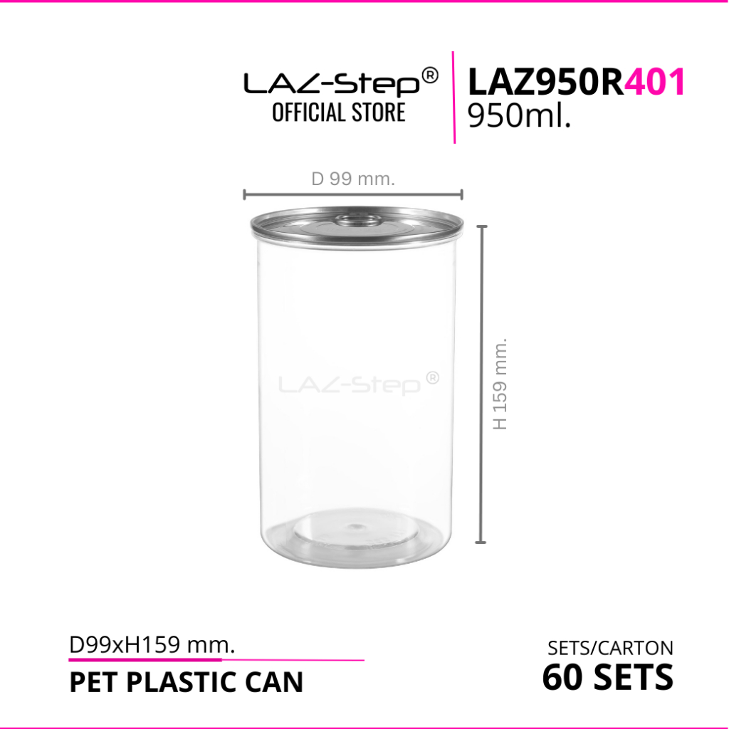 LAZ-Step กระป๋องพลาสติก PET กระป๋องฝาดึง ขนาด 950 ml.LAZ950R401 บรรจุลังละ 60 ชุด ต้องปิดด้วยเครื่องปิดฝากระป๋อง