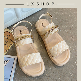 LxShop (ส่งไวอยู่ไทย)รองเท้าแตะรัดส้น รองเท้าแฟชั่นผู้หญิงประดับโซ่ทอง🌟นิ่มใส่สบายสุดๆ ใส่แล้วเท้าเรียวสวย ปังปุมากแม่💸