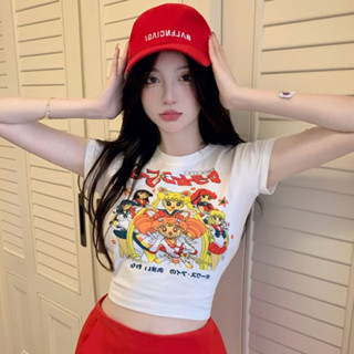 SKT469  เสื้อยืดแขนสั้นผ้าฝ้ายแท้สไตล์เกาหลีสำหรับผู้หญิง เสื้อยืดรัดรูปสีขาว ลวดลายเซเลอร์มูน