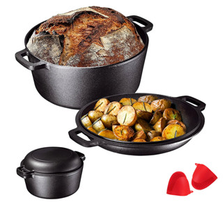 Cast Iron Dutch Oven Set - 2 In 1 Cooker, Pre-Seasoned Cast Iron Skillet - 5 Quart Casserole Pot 10 Inch Frying Pan