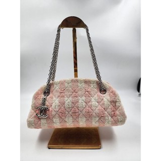 CHANEL Check pattern Mademoiselle Bowling Double Chain Shoulder Bag White x PinkSize 10inch