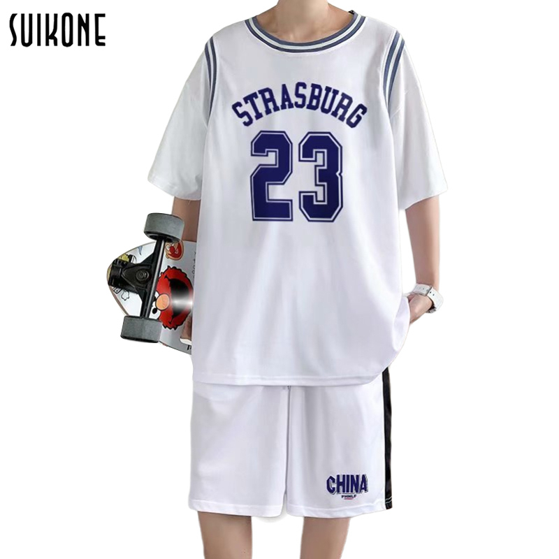 Suikone เสื้อยืดผู้ชายแฟชั่นเกาหลีคอกลมทรงหลวมสไตล์ลำลองขาสั้นนักเรียนชุดกีฬาบาสเก็ตบอล 2 ชิ้น