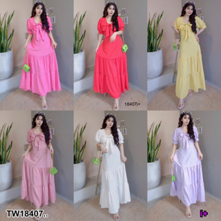 J18407 เดรสยาว แขนตุ๊กตา ผูกโบว์อก สีพื้นชายระบาย Long dress, doll sleeves, bow tie, solid color, ruffle hem